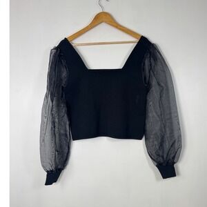 Romantic House of Harlow 1960 Womens Large Knit Top Black Sheer Organza Sleeve